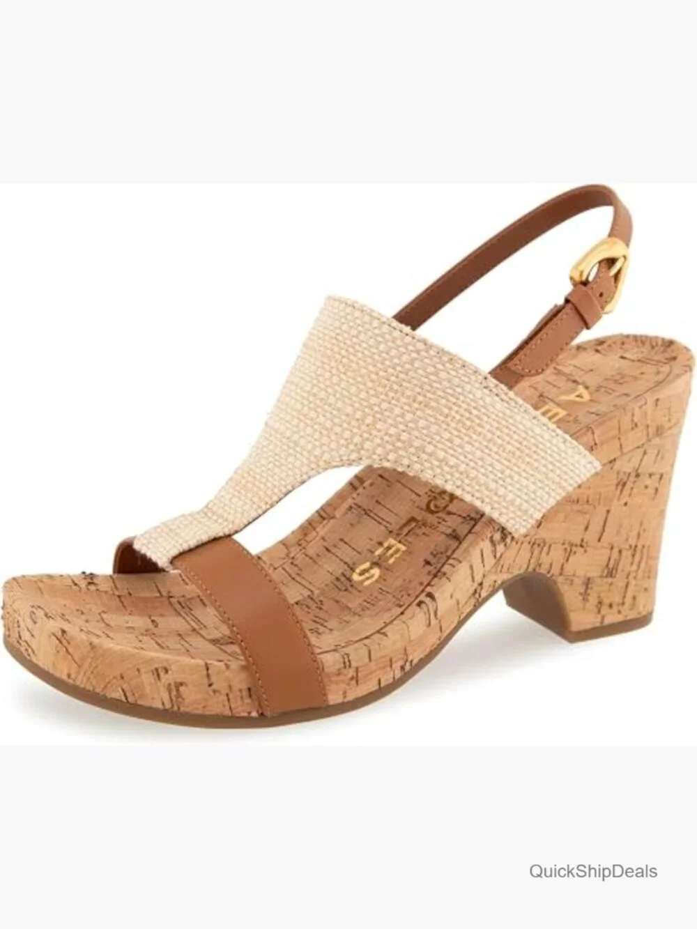 Wedge Sandals with Raffia Fabric, Cushioned Insole, Adjustable Buckle